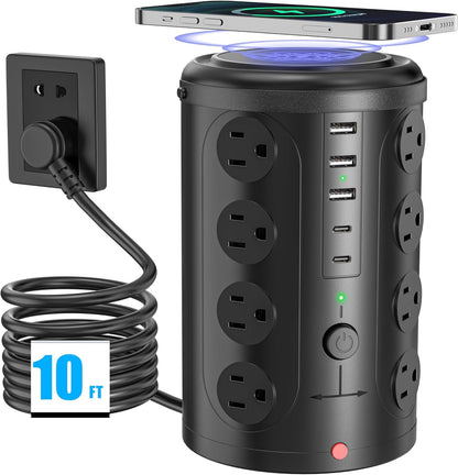 Surge Protector Power Strip - Desk Charging Station with 15W Wireless Charger, Multiple Outlets Charging Station with 16 2300J AC Outlets & 5 USB (2 USB C) Port, for Home, Office, Dorm Room