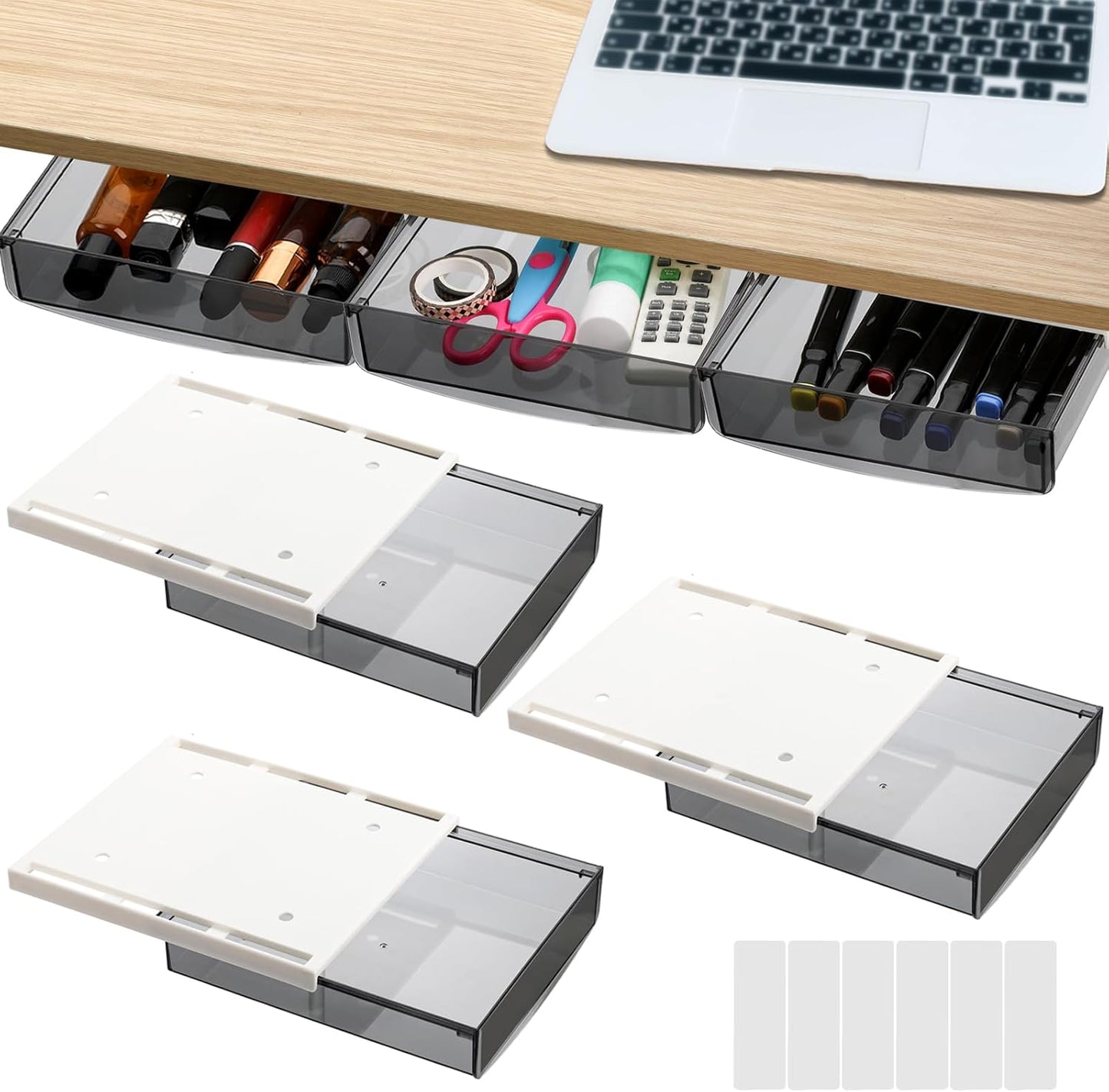 SOUJOY 3 Pack Under Desk Drawer, Self-Adhesive Slide Out Organizer Tray, Plastic Under Table Attachable Hidden Storage Organizer for Office Home School Kitchen Sewing Table
