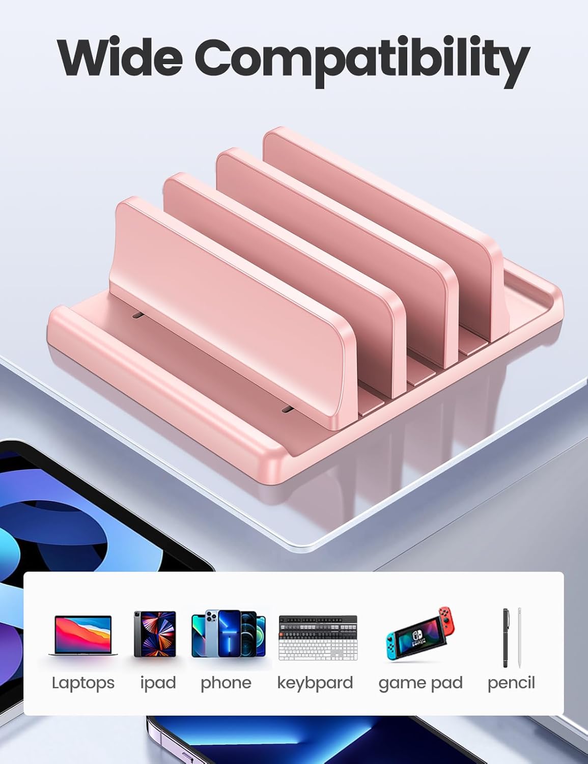 Vaydeer 3-Slot Vertical Laptop Stand Organizer, Laptop Storage Holder Made of Premium ABS Plastics 5 in 1 Design,Desktop Space-Saving Adjustable Desk Organizer for All MacBook/Chromebook/Surface