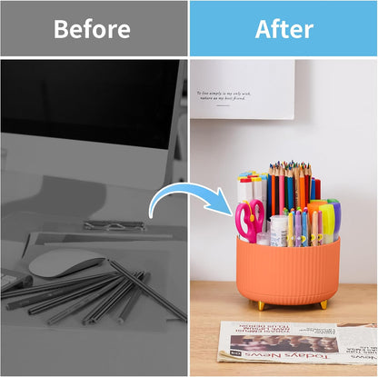 Marbrasse Desk Organizer, 360-Degree Rotating Pen Holder, Desk Organizers and Accessories with 5 Compartments Pencil Holder, Art Supply Storage Box Caddy for Office, Home（White）