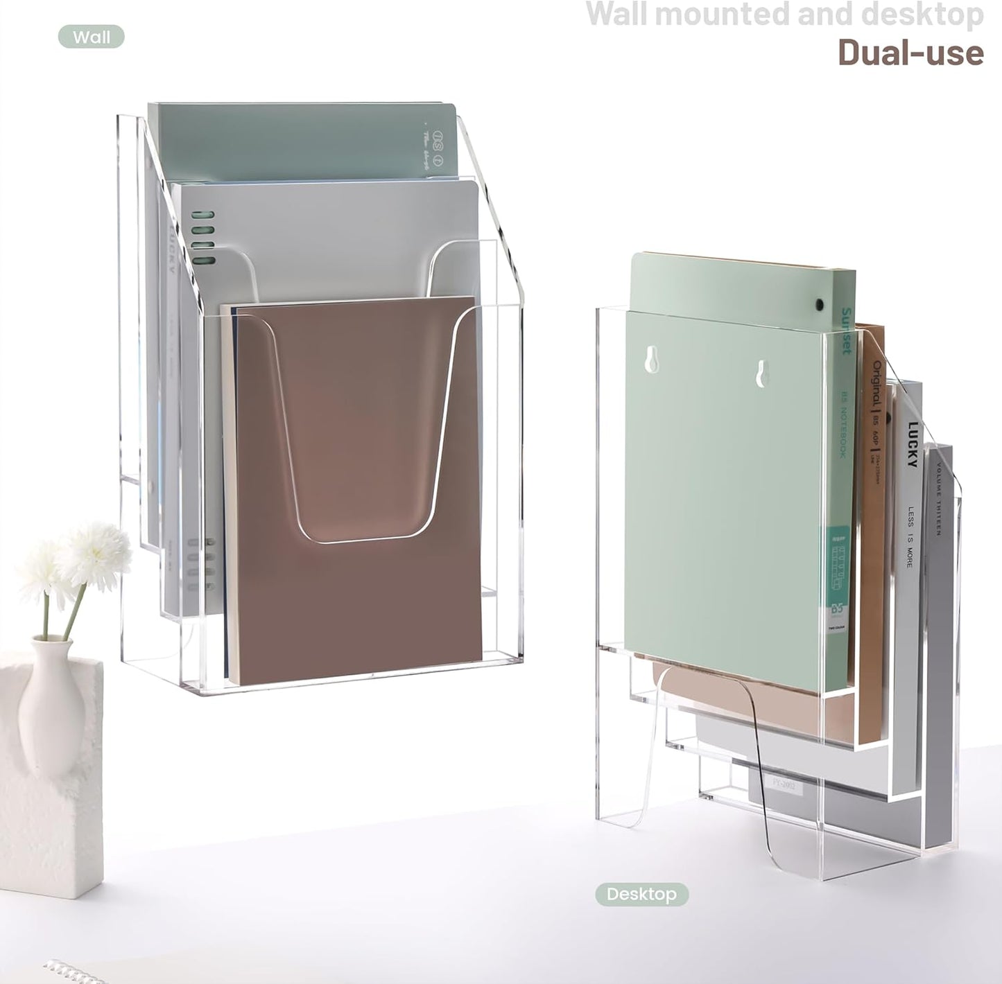 YUXUN Acrylic File Folder Holder, Vertical File Storage, Clear Desktop Organizer, 2 Pockets