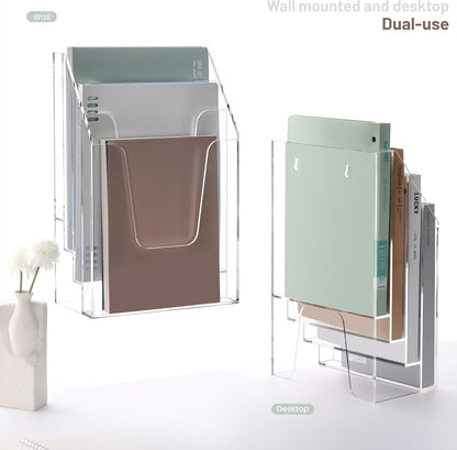 YUXUN Acrylic File Folder Holder, Vertical File Storage, Clear Desktop Organizer, 2 Pockets