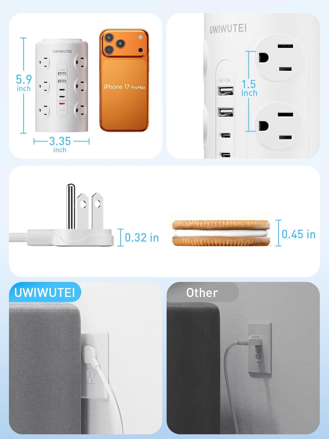 Surge Protector Power Strip - Desk Charging Station with 15W Wireless Charger, Multiple Outlets Charging Station with 16 2300J AC Outlets & 5 USB (2 USB C) Port, for Home, Office, Dorm Room