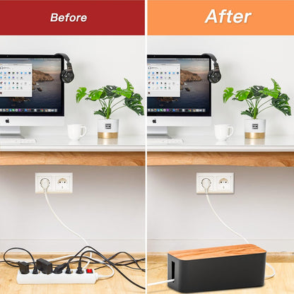 Cable Management Box 2 Pack with 16 Cable Clips Set-Large & Medium & Small Wooden Style Cable Organizer Box to Hide Wires&Power Strips | Cord Organizer Box | Cable Organizer for Home & Office [Black]