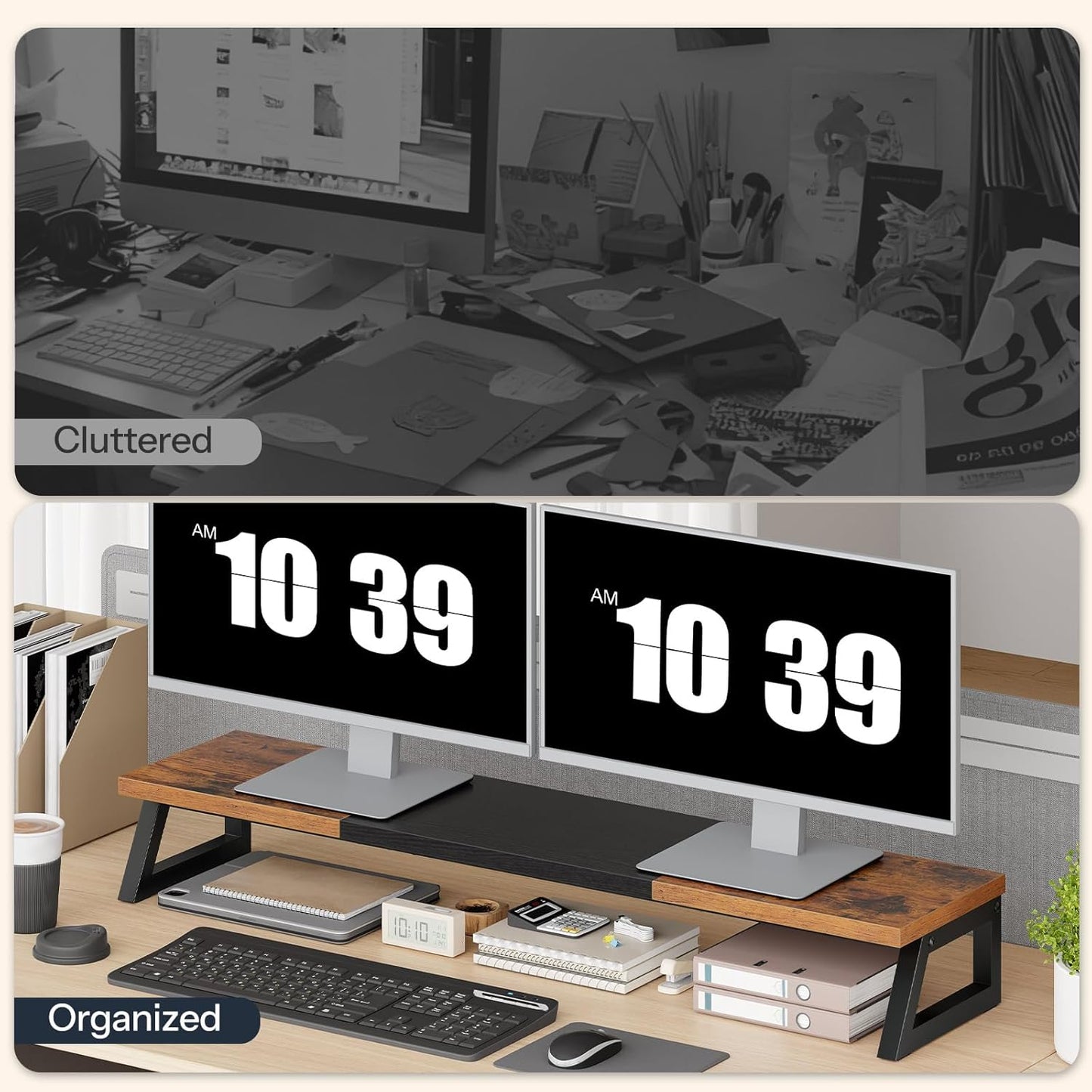 HOOBRO Dual Monitor Stand Riser, 39 Inch Large Computer Monitor Stand for 2 Monitors, Computer Monitor Riser, Desk Shelf Organizer for Office Desk, Accessories, Black BB121CJ01