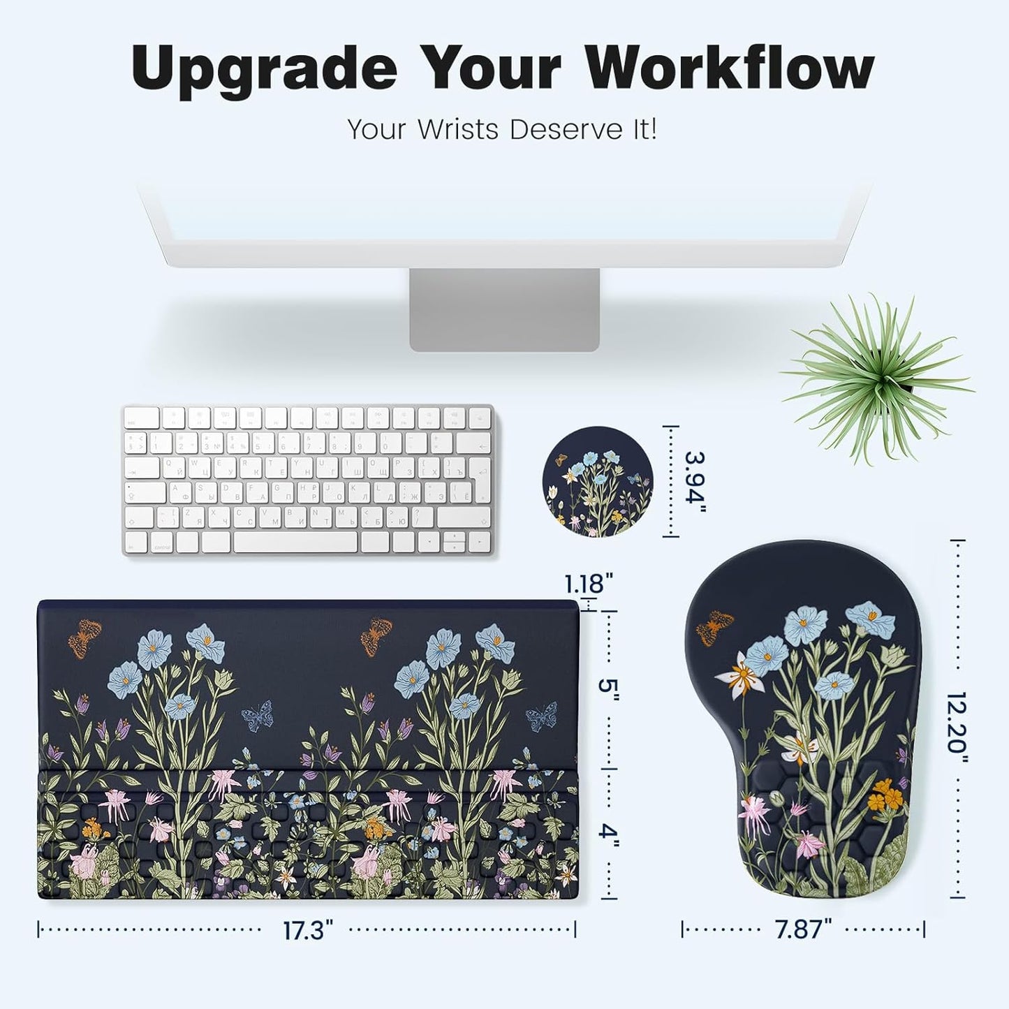 Ospelelf Ergonomic Mouse Pad and Keyboard Stand Wrist Rest Set, Memory Foam Comfort, Pain Relief for Typing, Office Desk Accessories, Moonlit Blossoms