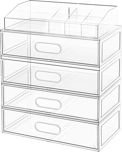 Clear Stackable Makeup Organizer with Drawer, 12''W Acrylic Storage Drawers, Cosmetic Display Case for Vanity Bathroom Countertop, Beauty Holder for Lipstick Brush Skincare Perfume