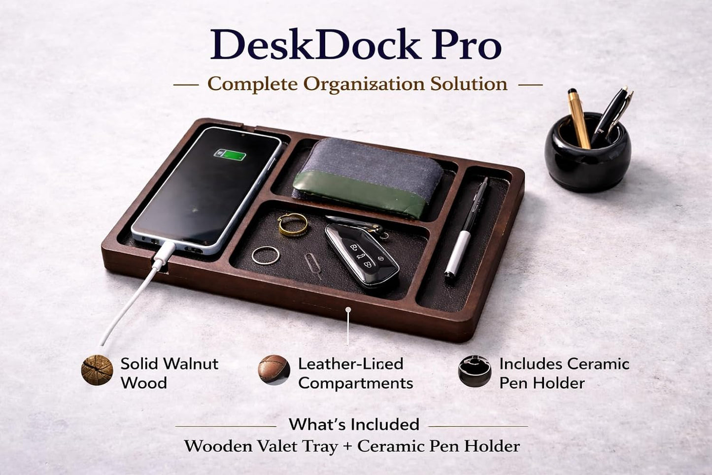 Desk Organizer Tray for Men with Ceramic Pen Holder, Wooden Valet Tray, Minimalist EDC Desk Organizer for Phone, Wallet, & Keys, Nightstand Bedside, Entryway, Birthday Gift for Men, Dad, Husband