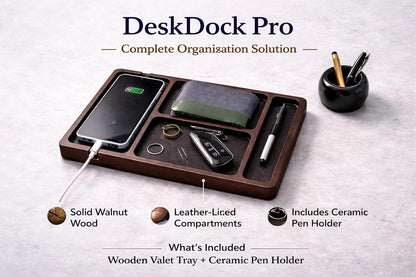 Desk Organizer Tray for Men with Ceramic Pen Holder, Wooden Valet Tray, Minimalist EDC Desk Organizer for Phone, Wallet, & Keys, Nightstand Bedside, Entryway, Birthday Gift for Men, Dad, Husband