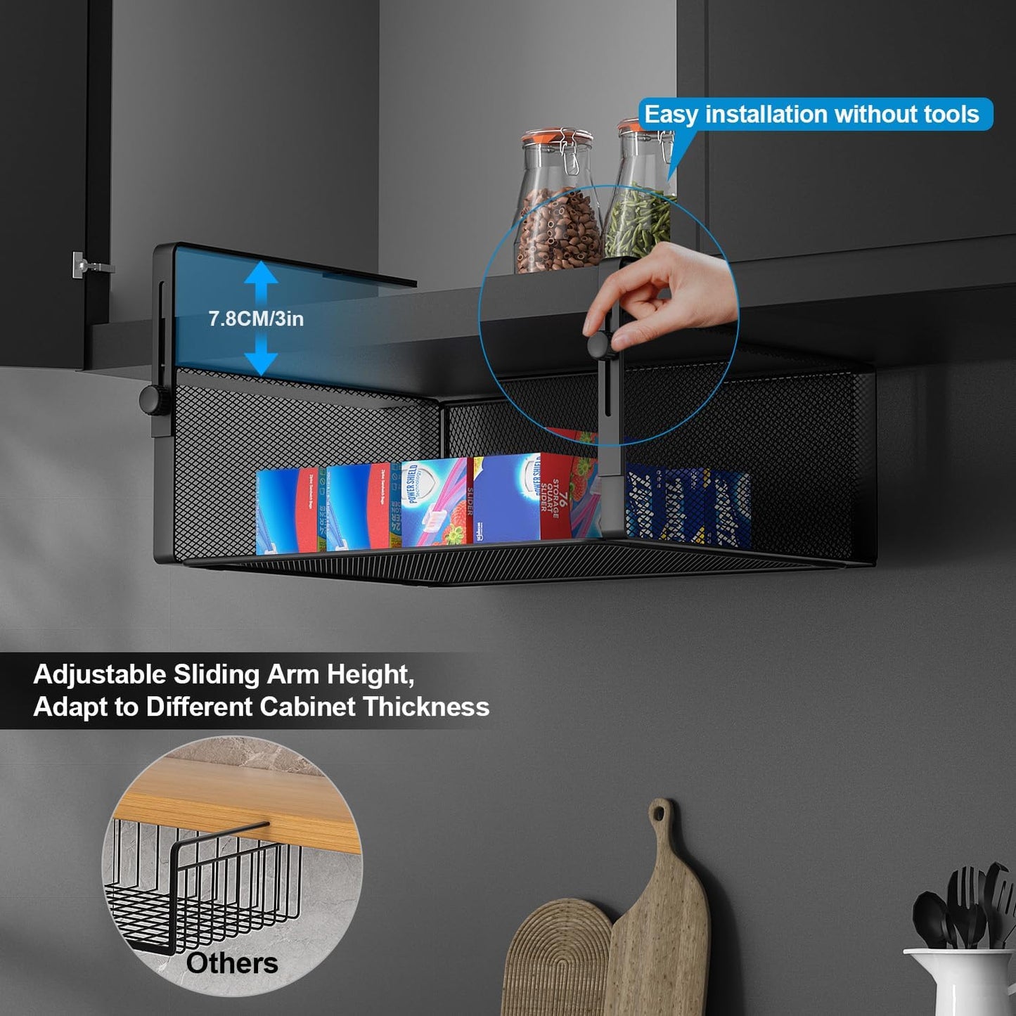 AmonHouseware 2Pack Under Shelf Basket Organizer,Adjustable Hanging Holder for Cabinet Pantry Kitchen Cupboard Desk Counter Bookshelf Organization Add-on Space Saver Heavy Duty Slide-in (Black, Large)
