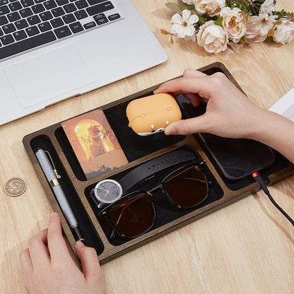 BENECREAT Wood Valet Tray, Black Wooden Catch All Tray, Tabletop Organizer for Key, Phone, Wallet, Watch, Earbud, Nightstand Storage Container, Watch Holder, 7.64x11.65 inches