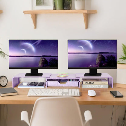 LEKETREE Dual Monitor Stand Riser with Drawer, Desk Organizer and Accessories, Pink Monitor Stand for Desk, Desktop Stand for Computer, Laptop, TV and More (Pink)