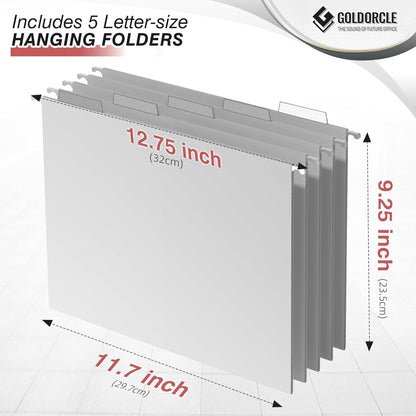 Hanging File Organizer, Letter-Size File Holder Filing Box with 5 Hanging Folders, Metal Mesh Desk File Folder Storage(No Assembly Required) (with 5 Grey Folders)