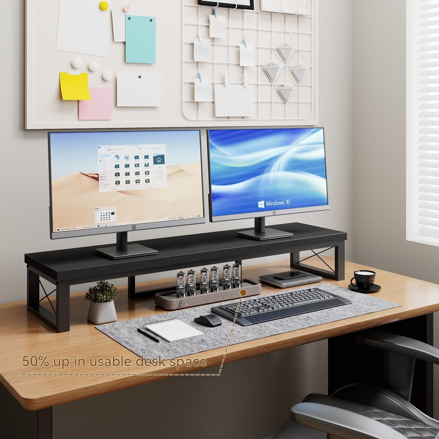 IBUYKE Large Dual Monitor Stand Riser for 2 Monitors, Wooden Desktop Computer Monitor Stand Storage Shelf and Steel Legs,Dual Screen Office Desk,Monitor Riser for Computer, Printer,Laptop,TV,Black UTDJ002B