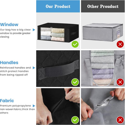 HomeHacks Storage 3-Pack Clothes Organizer Storage Bags Foldable Storage Box with Large Clear Window Sturdy Handles for Closet, Dorm, Pillows, Bedding, Clothes, Blankets, 35L, Gray