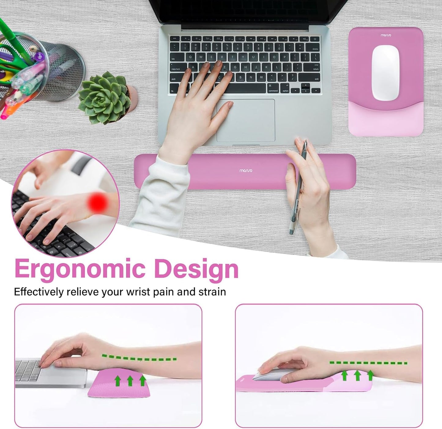 MOSISO Wrist Rest Support for Mouse Pad&Keyboard Set, Rectangular Ergonomic Mousepad Non-Slip Base Home/Office Pain Relief&Easy Typing Pad with Neoprene Cloth&Raised Silicone Lining, Green