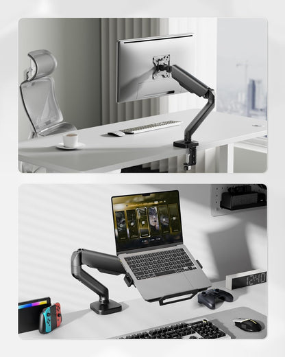 monTEK Laptop Arm Mount for Desk, 2-in-1 Monitor & Laptop Stand with Adjustable Laptop Tray, Fits Max 18" Notebook and 32" Screen, Aluminum Single Monitor Holder with VESA 75/100, Clamp/Grommet, Black