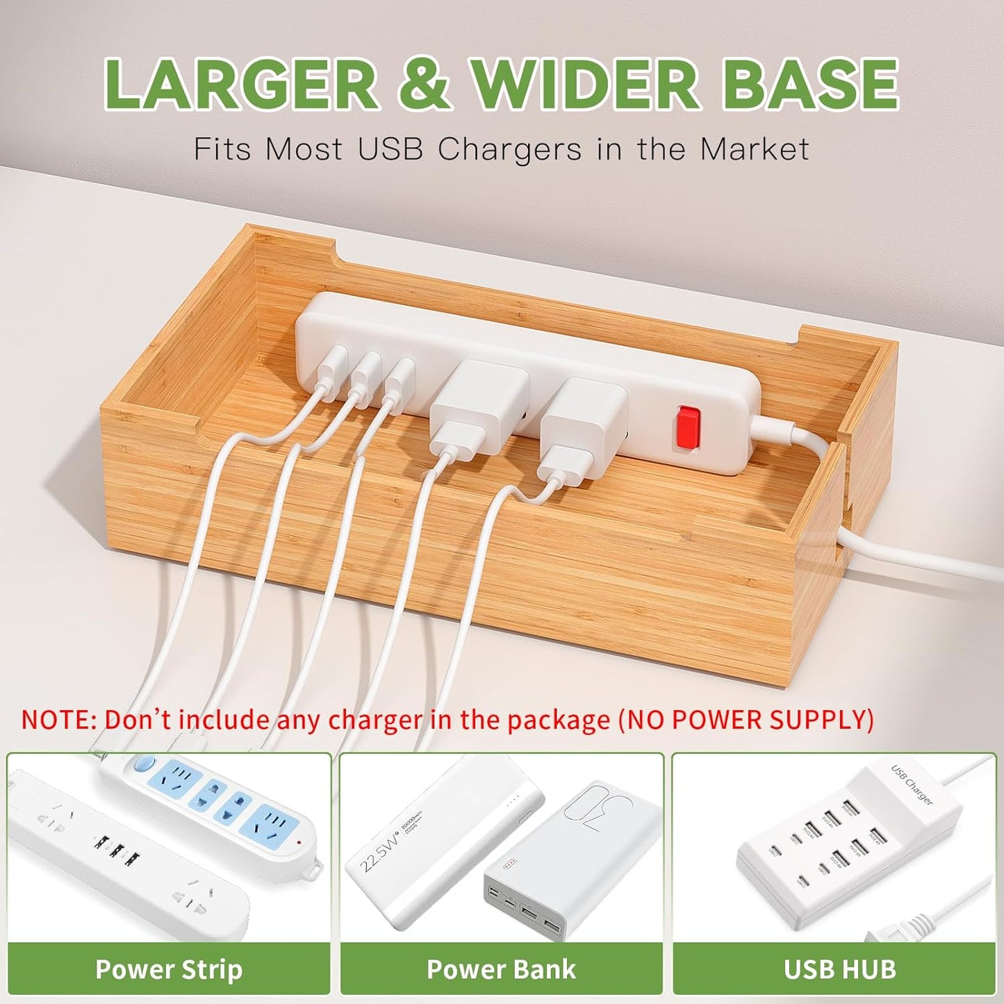 Pezin & Hulin Multi Charger Station Organizer Rack, Bamboo Cable Management Box, Power Strips and Cord Hider, Nightstand Device Organizer (Include 6 Cables)(No Power Charging Supply) -White