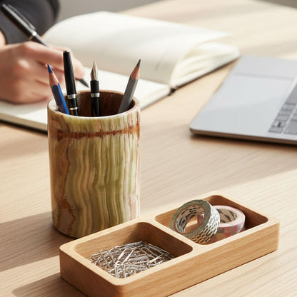 Radicaln Marble Pen Holder For Desk 4" Inches Green Onyx Handmade Makeup Brush Cup for Girls, Bathroom Tumbler Cup, Durable Office & Home Organizer Pencil Holder