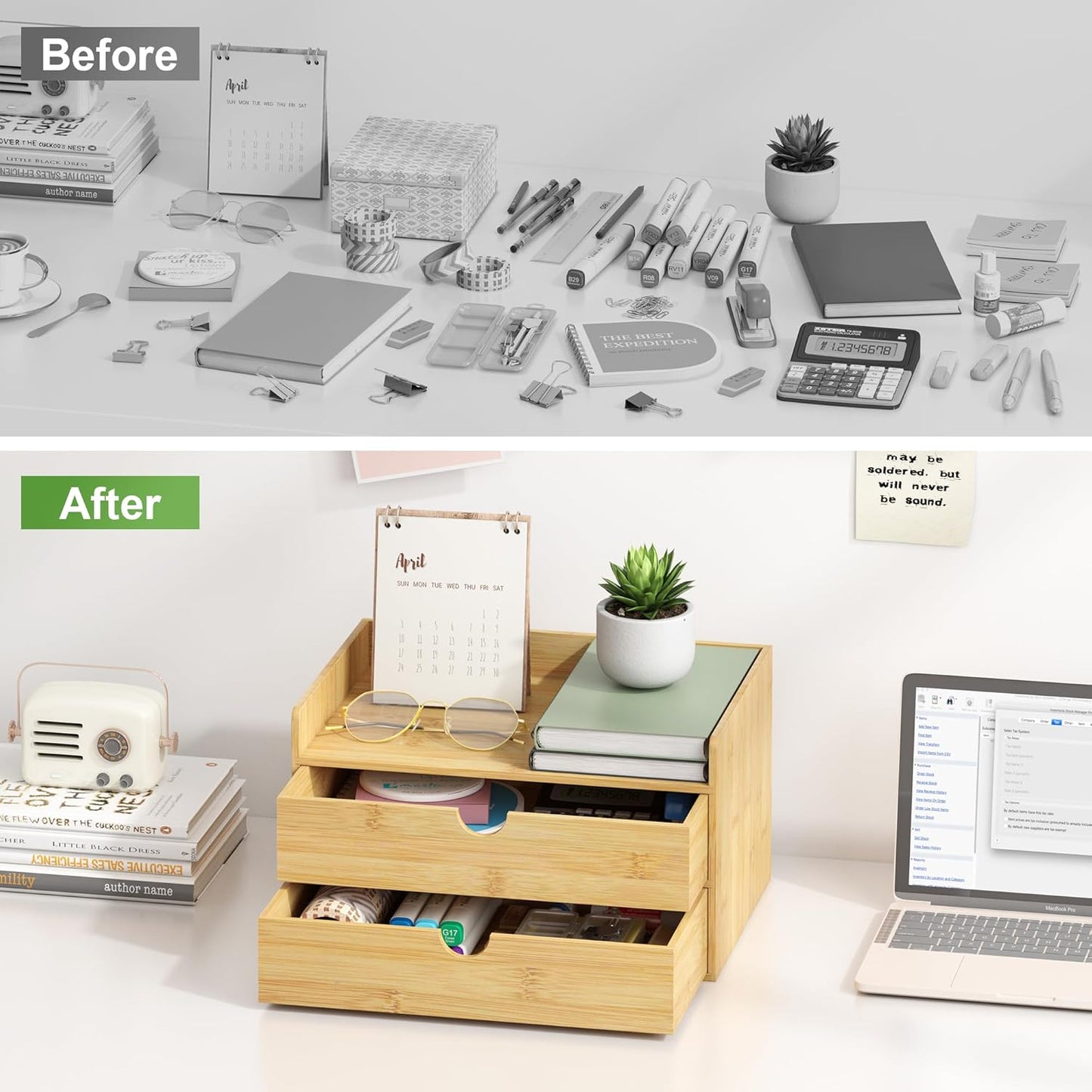 Wisuce Bamboo Desk Organizer - Mini Bamboo Desk Drawer Tabletop Cosmetic Storage Organization for Office or Home Black