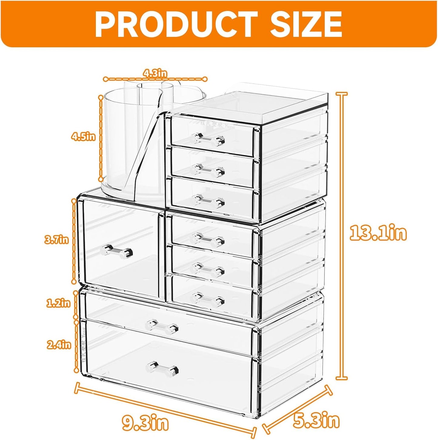 SuoXing 3 Pack Clear Acrylic Makeup Organizer for Vanity With 9 Drawer, Skincare Organizers Countertop With Make up Brush Holder,Bathroom Make up Drawer Storage for Beauty,Hair Accessories Organizer | Cute, with Brush Holder, Lipstick