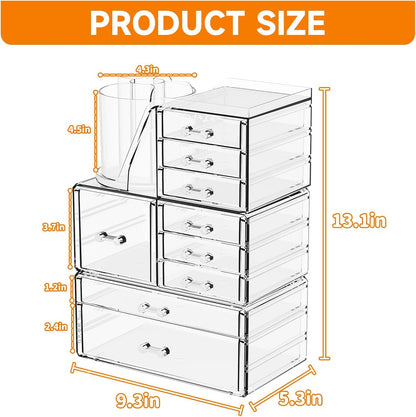 SuoXing 3 Pack Clear Acrylic Makeup Organizer for Vanity With 9 Drawer, Skincare Organizers Countertop With Make up Brush Holder,Bathroom Make up Drawer Storage for Beauty,Hair Accessories Organizer | Cute, with Brush Holder, Lipstick