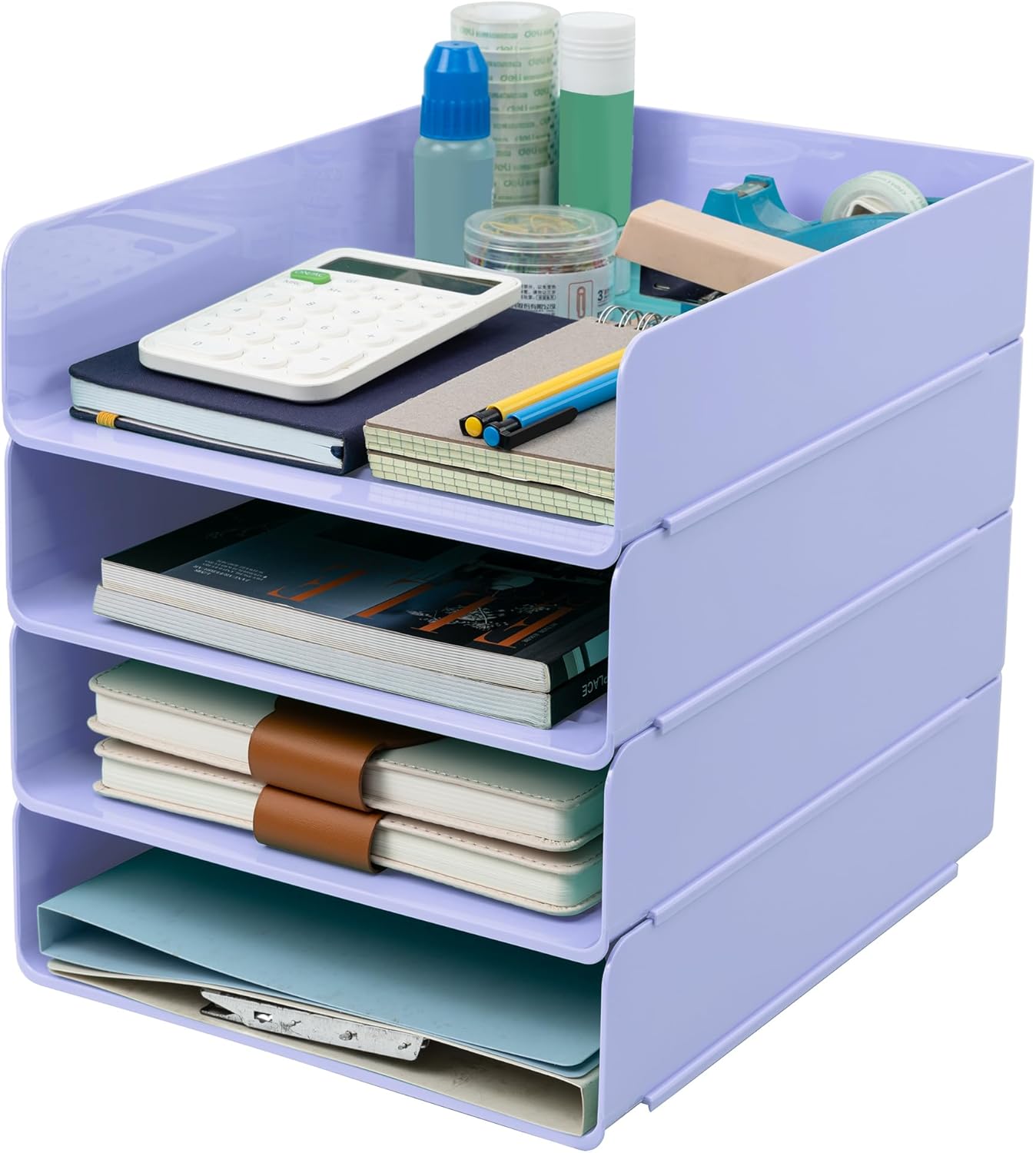 Tiawudi Desk Organizer, Clear Office Organization and Storage, Plastic Letter Tray, Stackable File Organizer for Classroom, Home, Documents, Notes, Folders, Books and Pens, 4 Tier