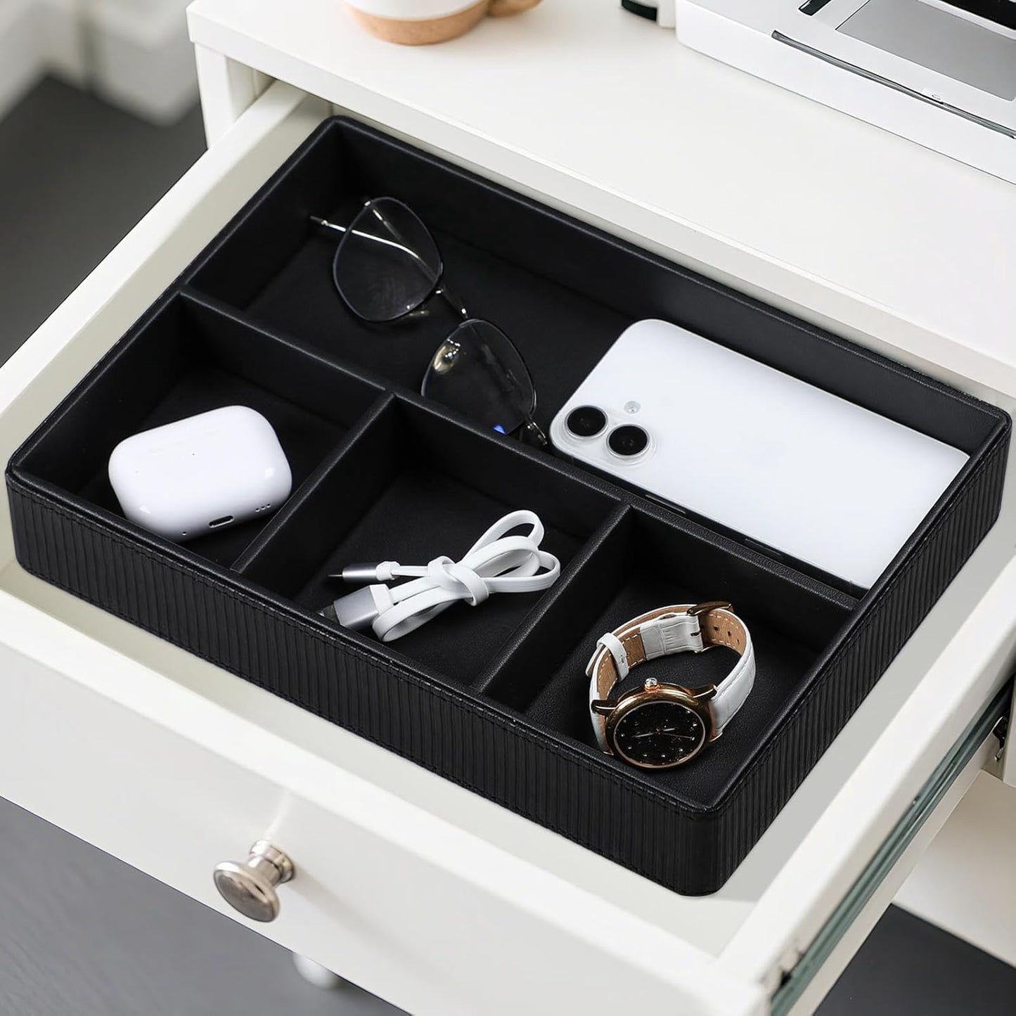 PU Leather Valet Tray, Decorative Trinket Vanity Desk Drawer Organizer Tray, Perfume Dish Catch All Bowl for Keys, Nightstand Drawer Organizer Women Men with 4 Compartments (Cream-White)