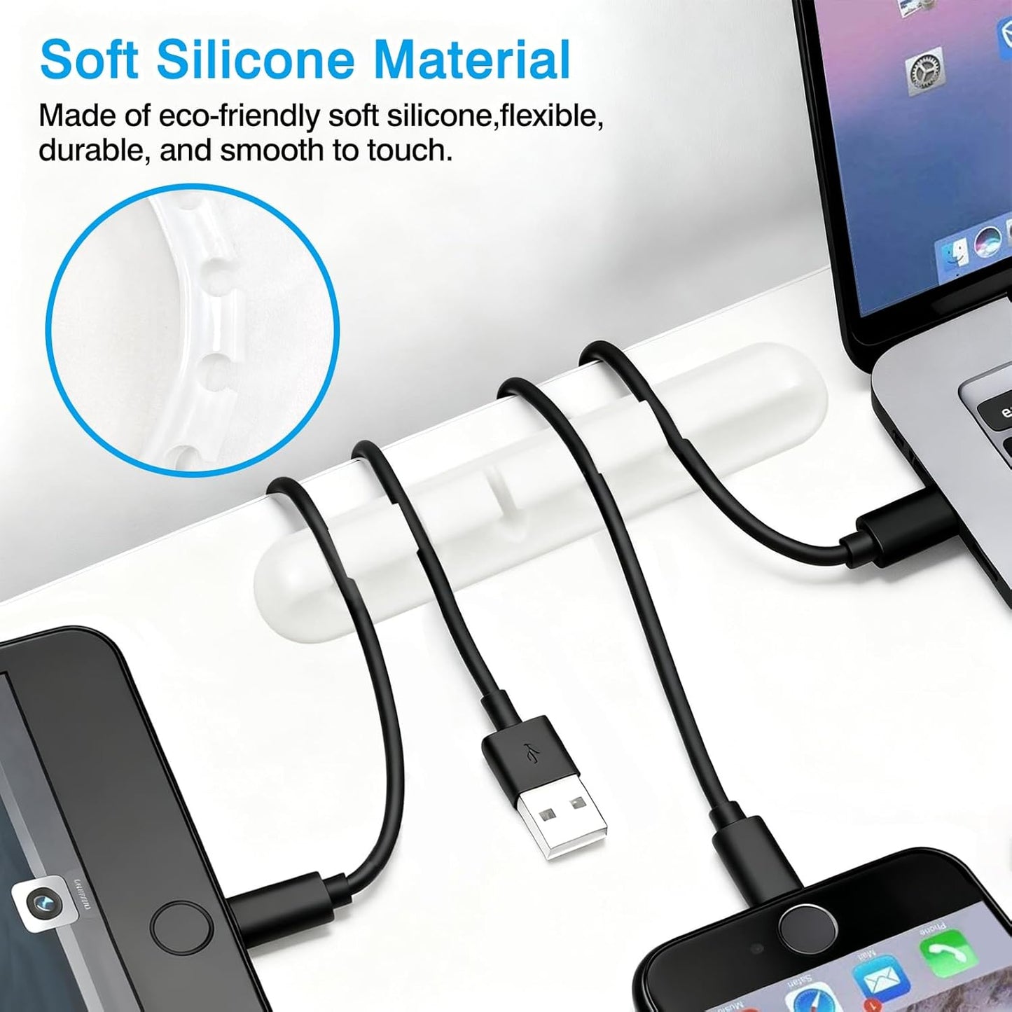 6-Pack White Silicone Cord Organizer Set – Adhesive Cable Holder Clips with 7, 5, and 3 Slots for Car, Home & Office Wire Management