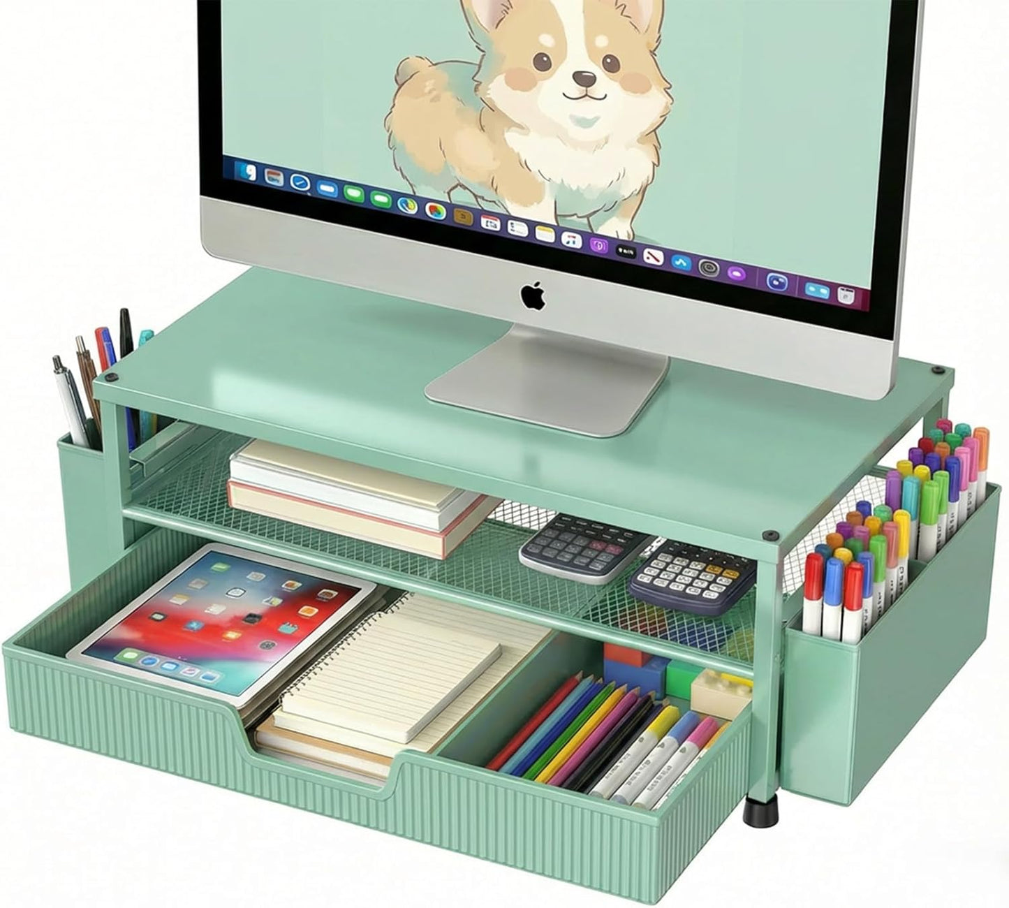 ECOLOVI Desk Organizer and Accessories, 2-Tier Computer Monitor Stand Rise with Storage Drawer & 2 Pen Holders, Laptop & Printer Stand for Desktop, Workspace Organizers for Office Supplies (Blue)
