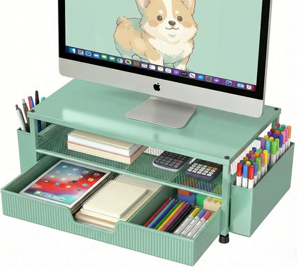 ECOLOVI Desk Organizer and Accessories, 2-Tier Computer Monitor Stand Rise with Storage Drawer & 2 Pen Holders, Laptop & Printer Stand for Desktop, Workspace Organizers for Office Supplies (Blue)