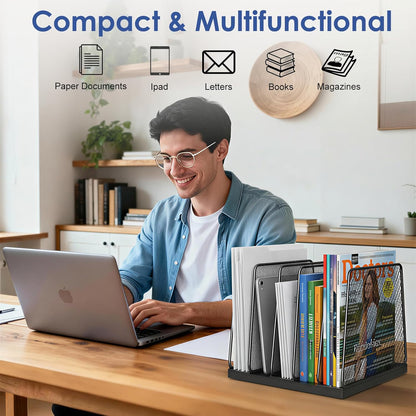 AUPSEN 5-Section Gold File Organizer for Desk, Wood Mesh Desktop File Organizer, File Sorter Storage Rack, Vertical Folder Holder for Files, Magazines, Books (Gold)