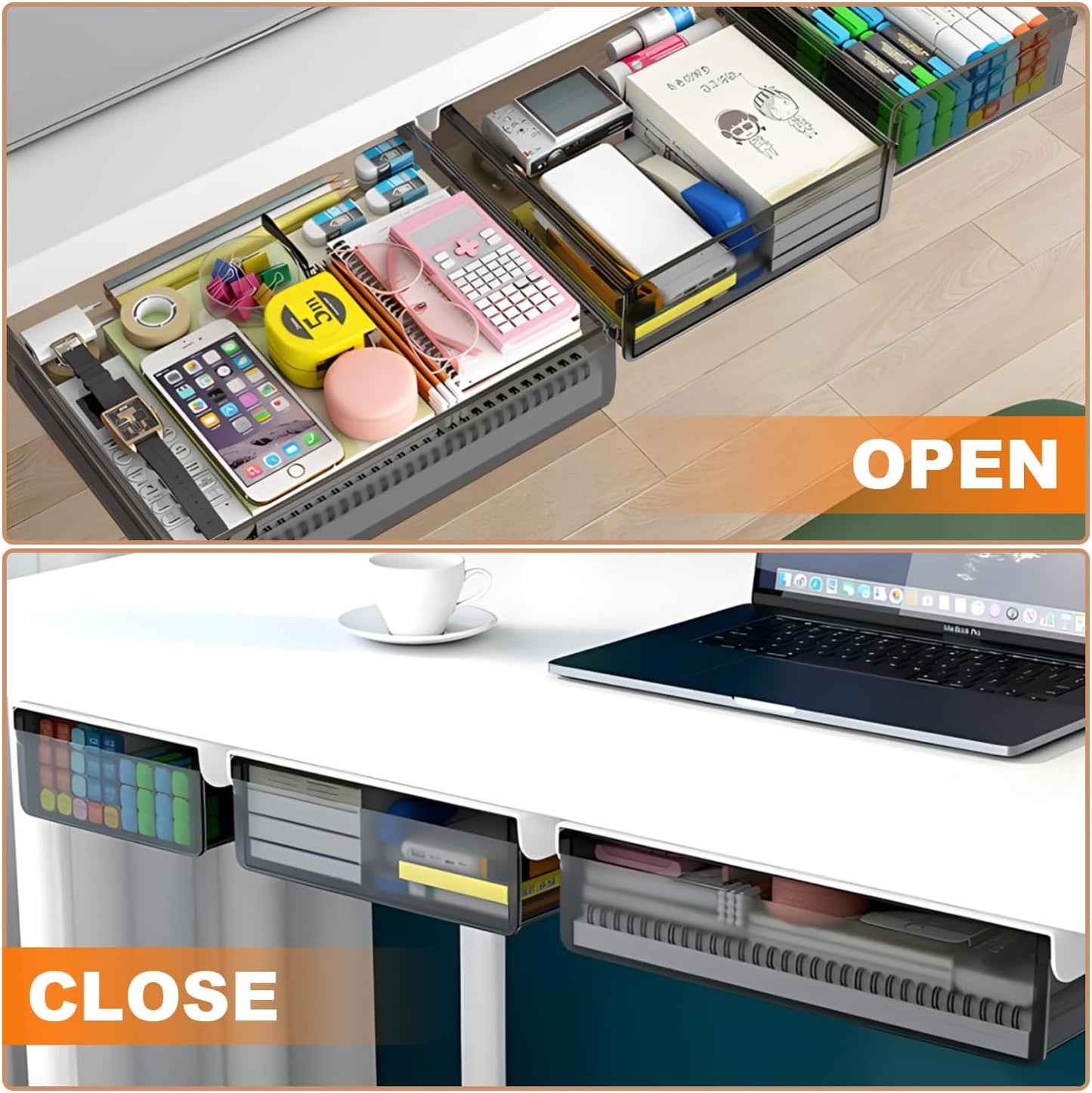 SVNNELP Under Desk Table Drawer Storage Organizer,2 Pack Large & Small Attachment Desk Drawers - Hidden Desktop Organizer,Slide out Drawer for Storage Pencil & Home Office Gadgets (S+L)