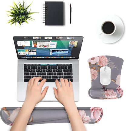 MOSISO Wrist Rest Support for Mouse Pad & Keyboard Set, Peony Ergonomic Mousepad Non-Slip Base Home/Office Pain Relief & Easy Typing Cushion with Neoprene Cloth & Raised Memory Foam, Black