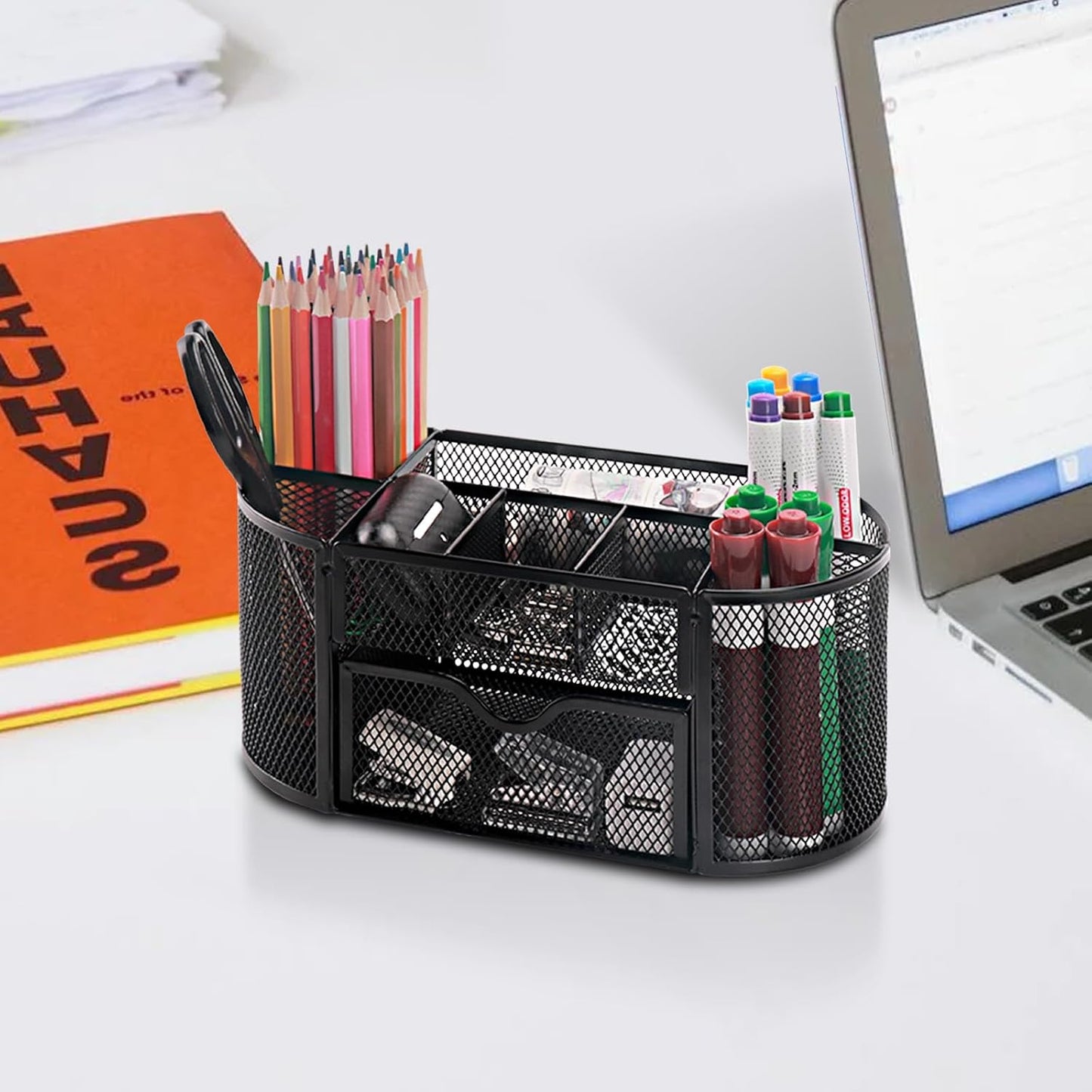 Comix Mesh Pen Pencil Holder Desk Organizer, 3 Compartment Wire Desktop Pen Pencil Cup Caddy Office Supplies Desk Accessories for Home Office School, Black
