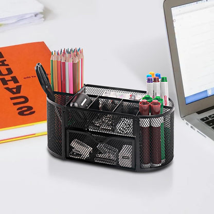 Comix Mesh Pen Pencil Holder Desk Organizer, 3 Compartment Wire Desktop Pen Pencil Cup Caddy Office Supplies Desk Accessories for Home Office School, Black