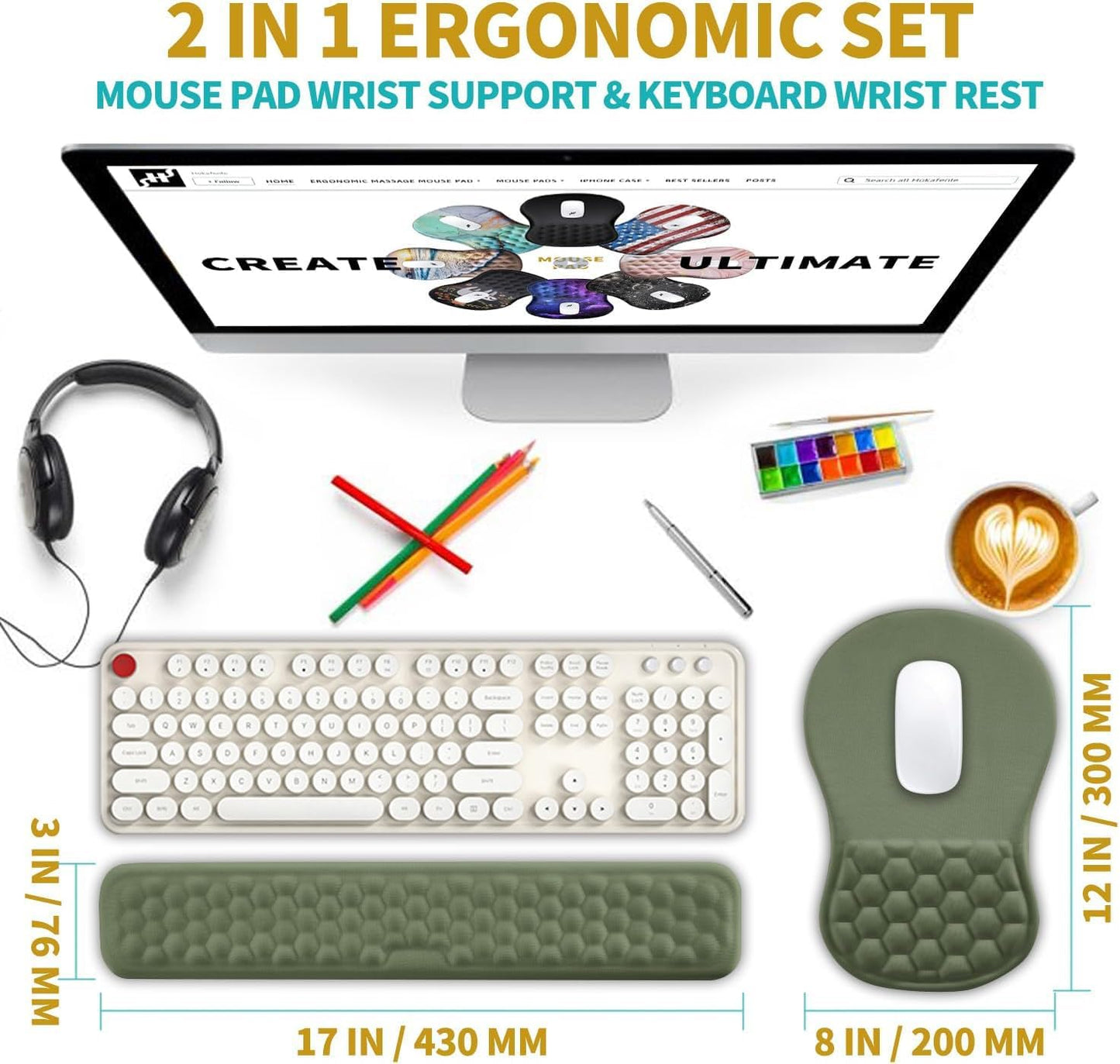 Hokafenle 2 in 1 Ergonomic Mouse Pad Wrist Support & Wrist Rest for Computer Keyboard Set, with Relieve Carpal Tunnel Pain Massage Bulge and Full Memory Gel Design (2In1 Set, Light Green)
