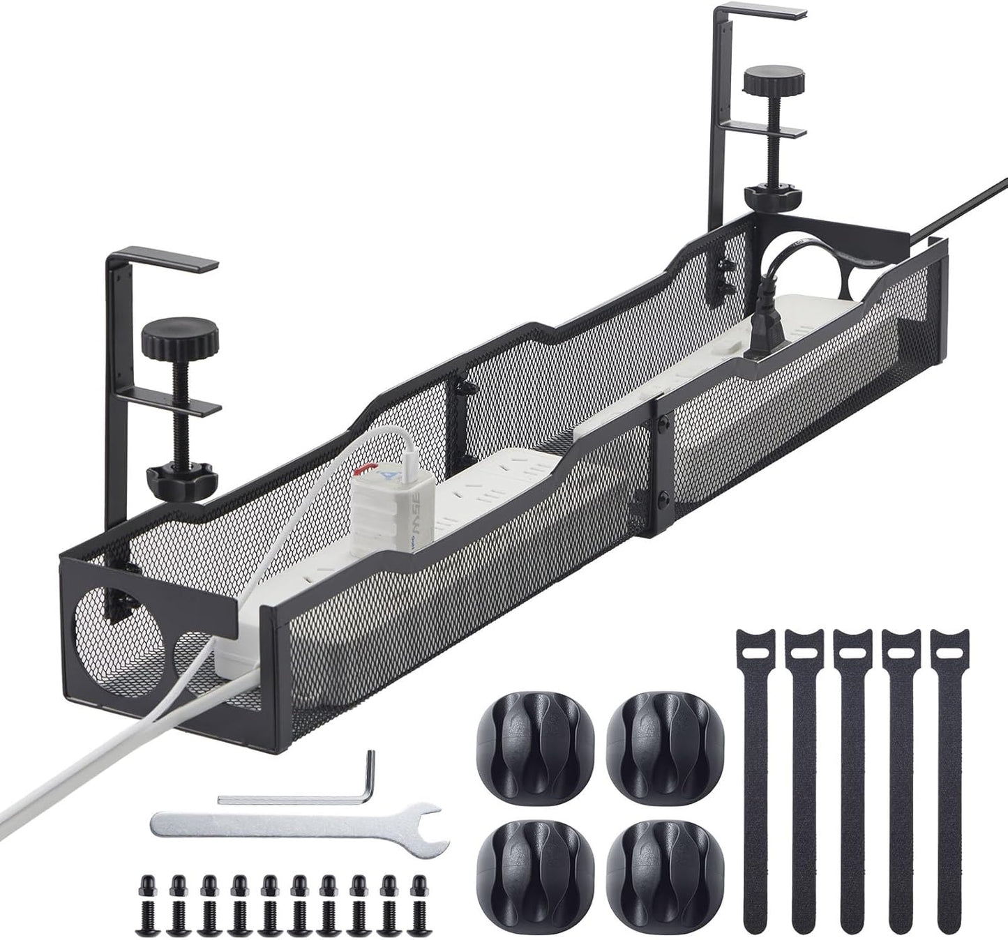 25'' Cable Management Under Desk No Drill，Metal Desk Organizer Suitable for Home desks or Standing desks ，Electrical Cord Management with Clamp