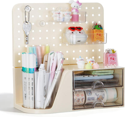 Comix 360° Rotating Pen Holder for Desk, Cute Pencil Holder Pen Organizer, Beige Acrylic Pencil Cup Caddy with 5 Slots for Home School Office Supplies