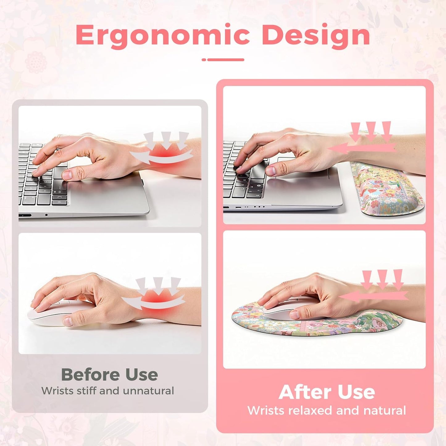 iLeadon Mouse Pad and Keyboard Wrsit Rest, Anti-Fatigue Gel Wrist Rest for Keyboard, Mouse Pad Set for Computer Women Office (Pink Floral)