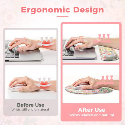 iLeadon Mouse Pad and Keyboard Wrsit Rest, Anti-Fatigue Gel Wrist Rest for Keyboard, Mouse Pad Set for Computer Women Office (Pink Floral)