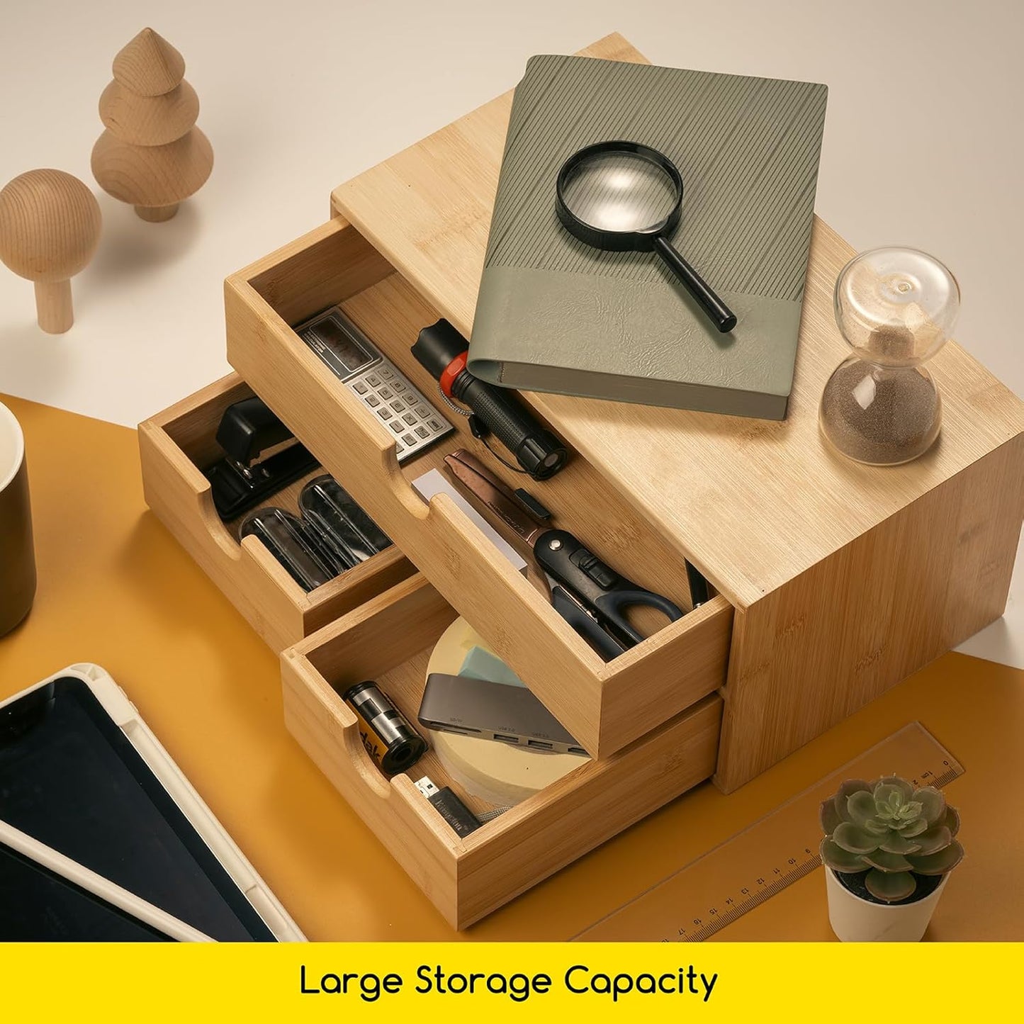 MEEDEN Bamboo Desk Organizer with Drawers: Desktop Storage Container with Shelf - Tabletop Storage Organization Box for Office Home Toiletries Supplies