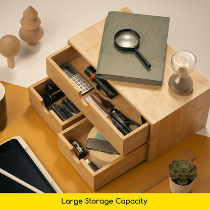 MEEDEN Bamboo Desk Organizer with Drawers: Desktop Storage Container with Shelf - Tabletop Storage Organization Box for Office Home Toiletries Supplies