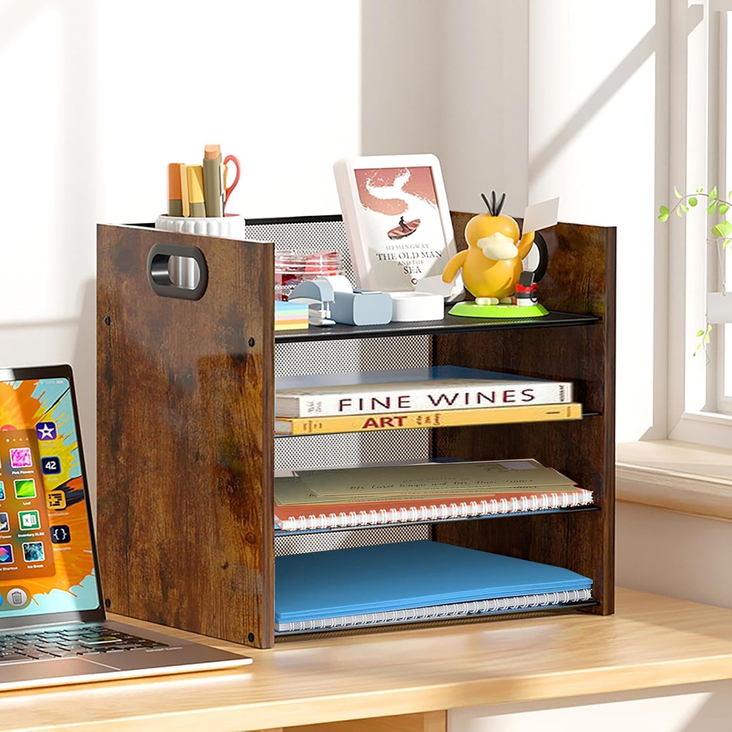 Wood Desk Organizer - 3-Tier Desktop File Organizer with Drawer, Wooden Paper Tray, Office Desk Organzier and Accessories for Papers, Mail, Notebooks, Stationery
