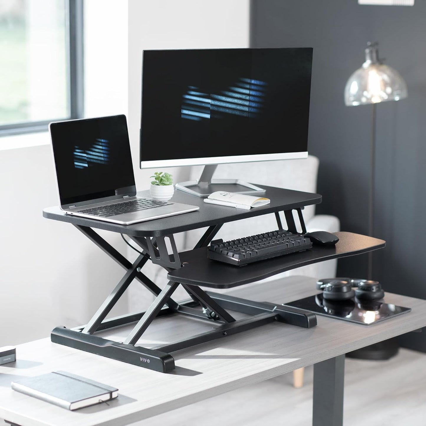 VIVO 26 inch Desk Converter, K Series, Height Adjustable Sit to Stand Riser, Dual Monitor and Laptop Workstation with Keyboard Tray, Black, DESK-V026KB