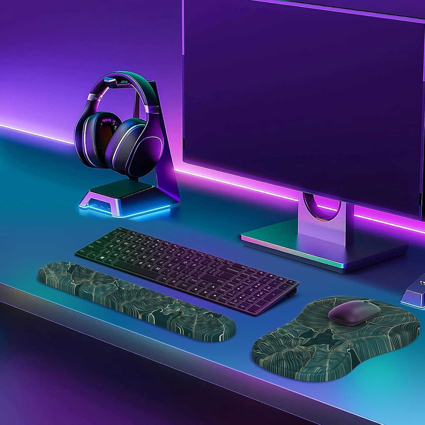 HAOCOO Keyboard Wrist Rest, Ergonomic Mouse Pad with Wrist Rest, 3 in 1 Keyboard and Mouse pad with Coaster Set, Memory Foam Wrist Support, Non-Slip PU Base for Home Office, Rose Gold Pink