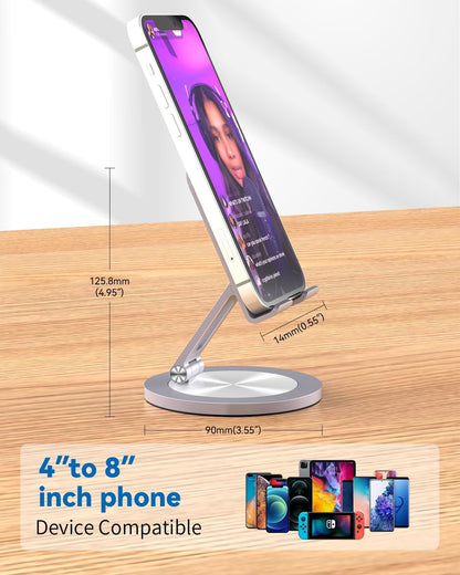 Phone Stand for Desk, 360° Rotating Dual Adjustable Foldable Holder, Heavy Solid All-Aluminum Base Anti-Slip Stable Support for Home Office Study, Fits iPhone Galaxy 4-8" Phones (Silver)