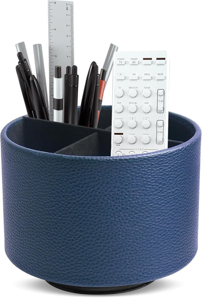 Hennaja Round Leather Art Supply Organizer,Remote Control Holder,360 Degree Rotating,Multi-Functional Pencil Holder,4 Compartments Desktop Stationary Organizer(1-Blue Bird) - Colors B