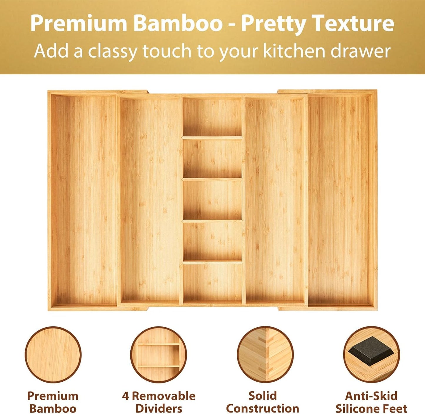 Umilife Expandable Kitchen Drawer Organizer, 2.5" High Bamboo Utensils Silverware Tray, Adjustable Large Deep Wood Organization Holder