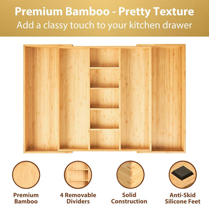 Umilife Expandable Kitchen Drawer Organizer, 2.5" High Bamboo Utensils Silverware Tray, Adjustable Large Deep Wood Organization Holder